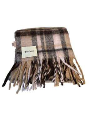 Juicy Couture Women’s Plaid Fringe Scarf 100% Polyester Brown Pink Tan